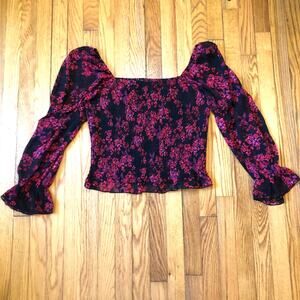 The General Good NWT Women's Black Red/Pink Floral Smocked Crop Bubble Blouse XL